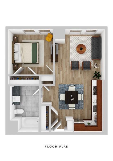 Floor plan for 1 bed, 1 bath, 895 sqft